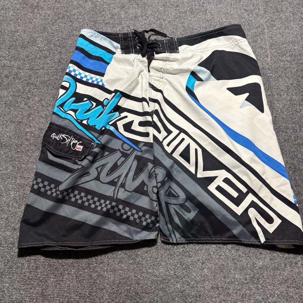 Quiksilver Y2K Mens Board Shorts Size 38 Black Blue White Graphic Swim Trunks